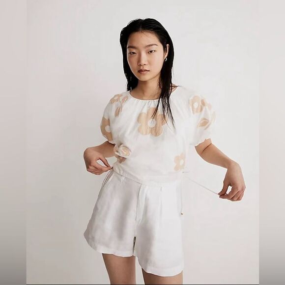 Madewell Tops - NWT Madewell Embroidered Poplin Puff-Sleeve Cutout Crop Top Eyelet White Floral